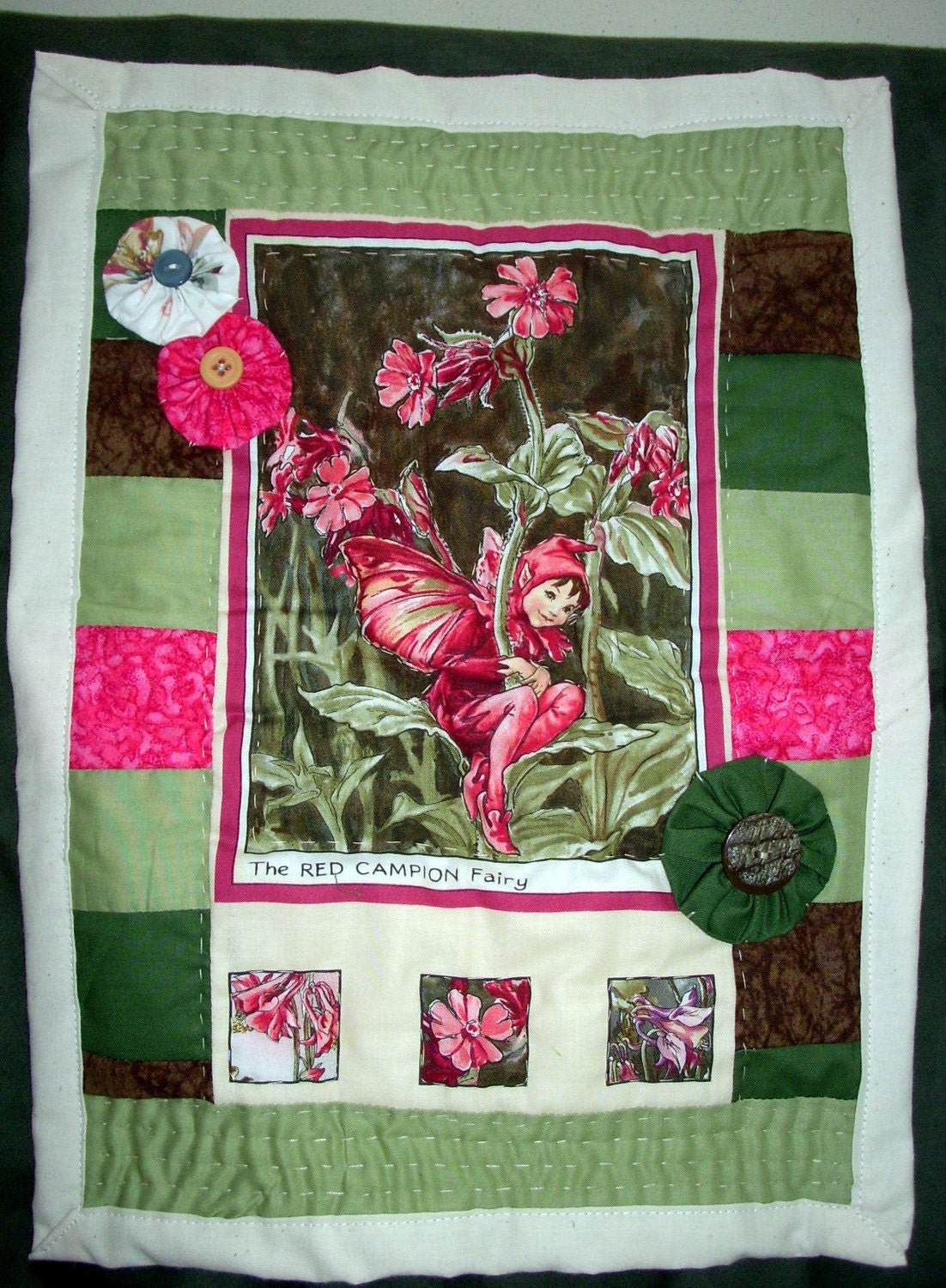 Red Flower Fairy Quilt Handmade Cicely Mary Barker's Red Campion Fairy material patchwork ooak Home Decor Sage Green Pink Floral