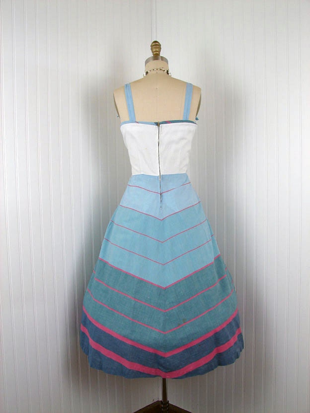 1940s 1950s Dress - TWIST OF FATE Vintage 40s 50s Blue White Designer Cotton Party Sundress and Bolero Jacket m l
