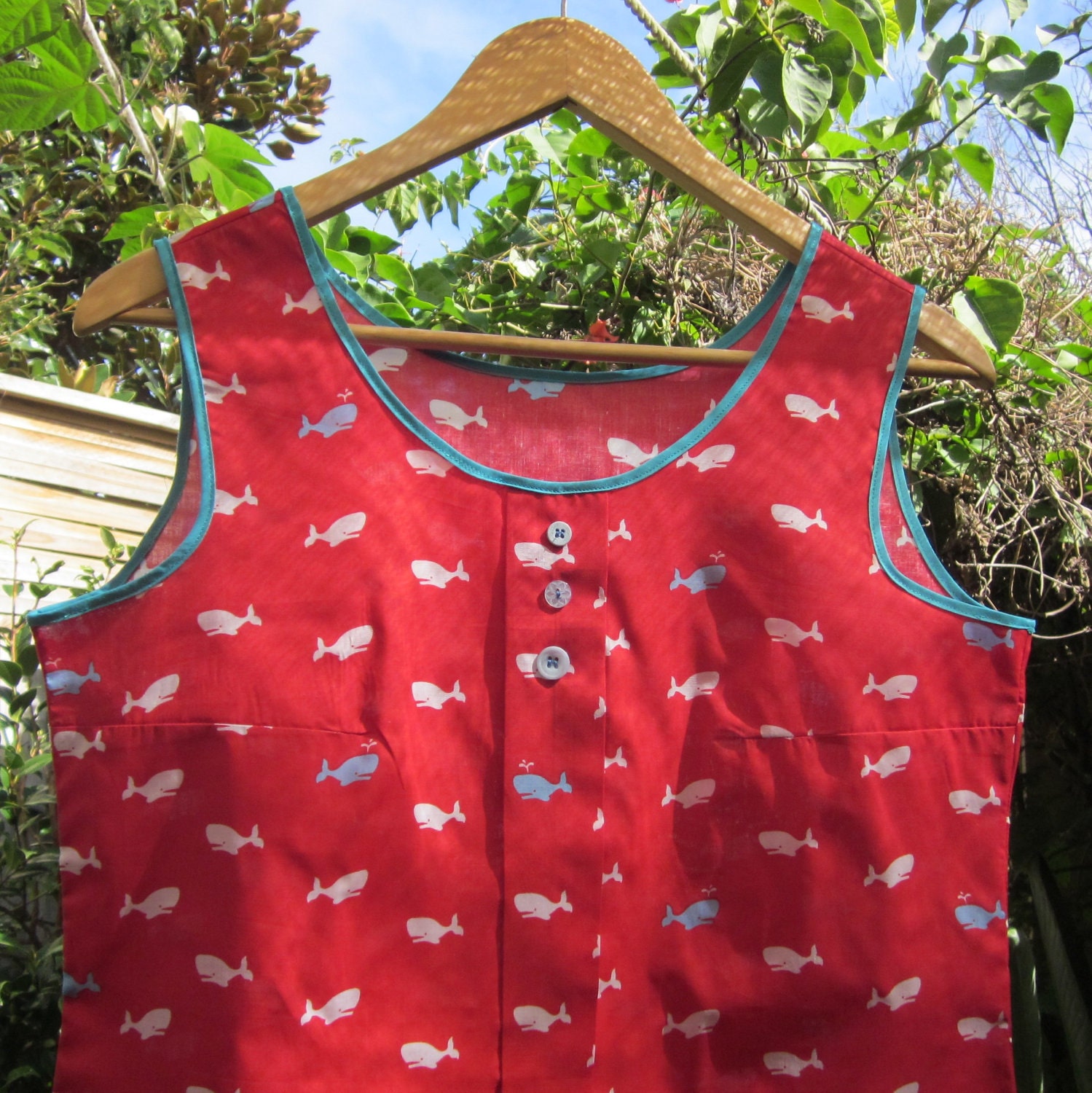 WHALE of a TIME - pleated cotton top - Size L - fun whale print