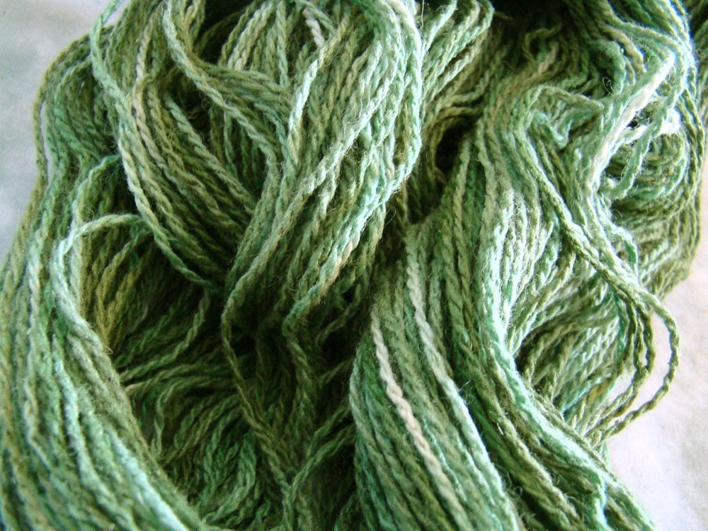 Hand Dyed Yarn, Silk and Wool DK Weight - Green Marble - OOAK