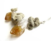 Raw crystal necklace handmade from yellow citrine crystal points, beach stone & sterling silver.  "Enchanted Beach, Citrine Necklace" - 392