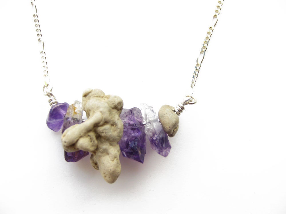 Natural Stone Jewelry - Raw amethyst crystal necklace with beach stone on sterling silver. "Enchanted Beach, Amethyst Necklace"  392