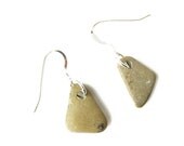 Natural stone jewelry - river rock earrings -  Olive Green Pebble Earrings on Silver Plate - 524