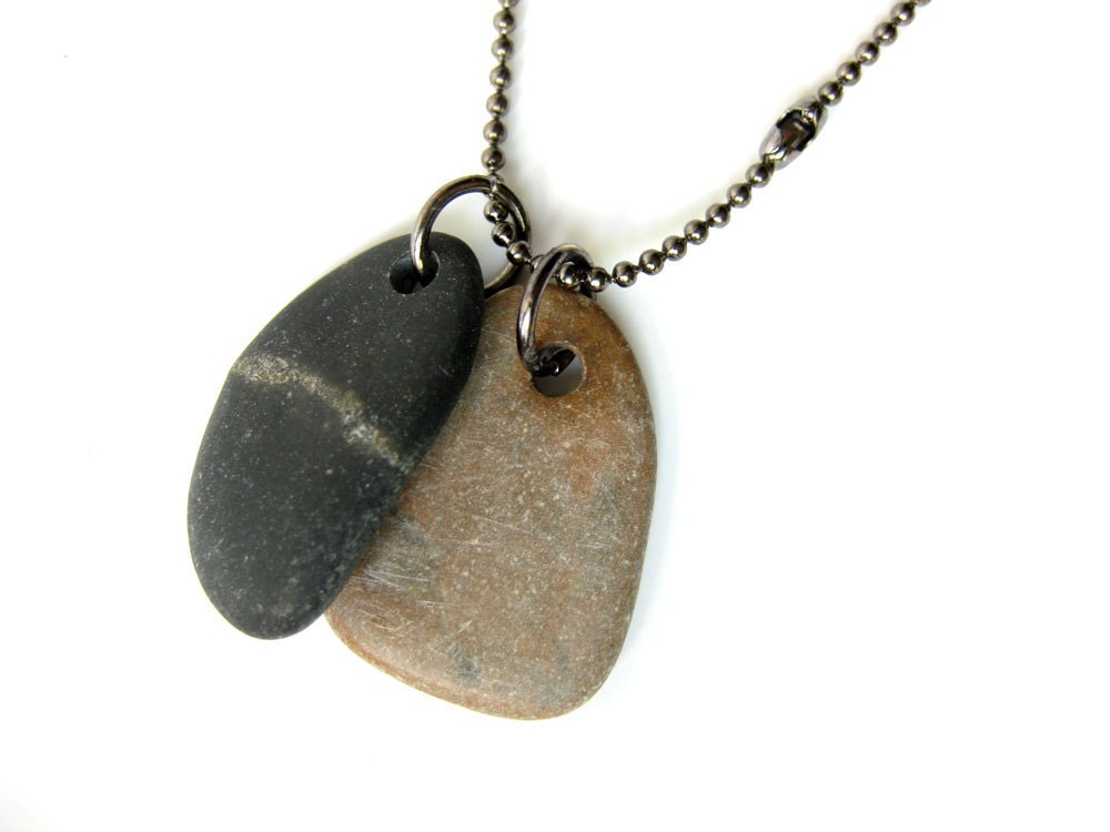 Men's river rock necklace - Rock Tags, Black Stripes and Brown - 1036