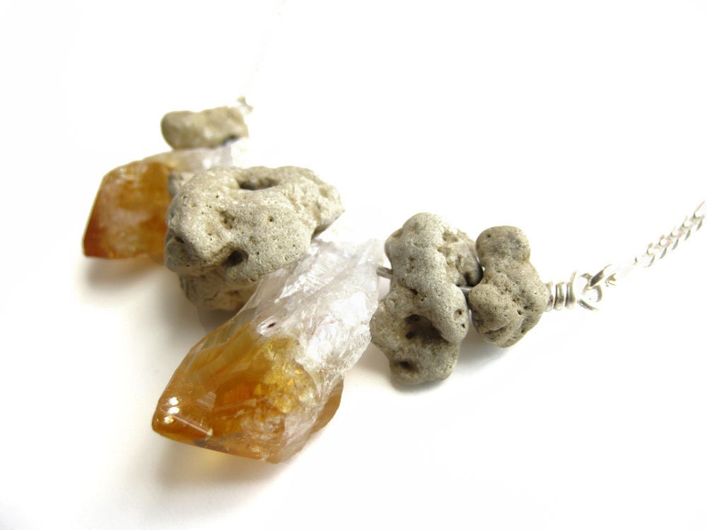 Raw crystal necklace handmade from yellow citrine crystal points, beach stone & sterling silver.  "Enchanted Beach, Citrine Necklace" - 392