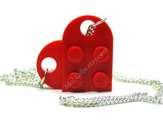 Radiant Red Heart Necklace made from LEGO (r) Heart Pieces on a Silver Plated Curb Chain