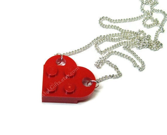 Radiant Red Heart Necklace made from LEGO (r) Heart Pieces on a Silver Plated Curb Chain