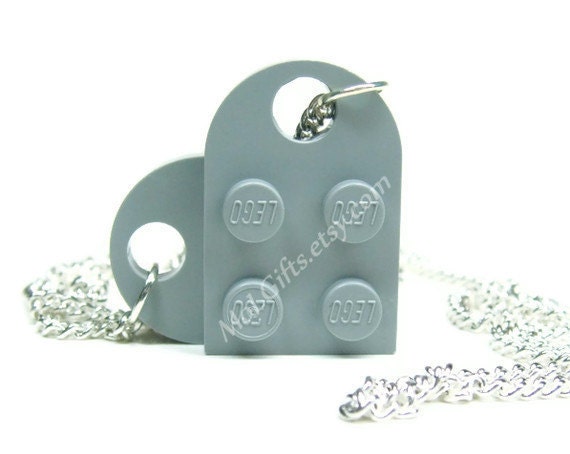 Light Bluish Gray Heart Necklace made from LEGO (r) Heart Pieces on a Silver Plated Curb Chain