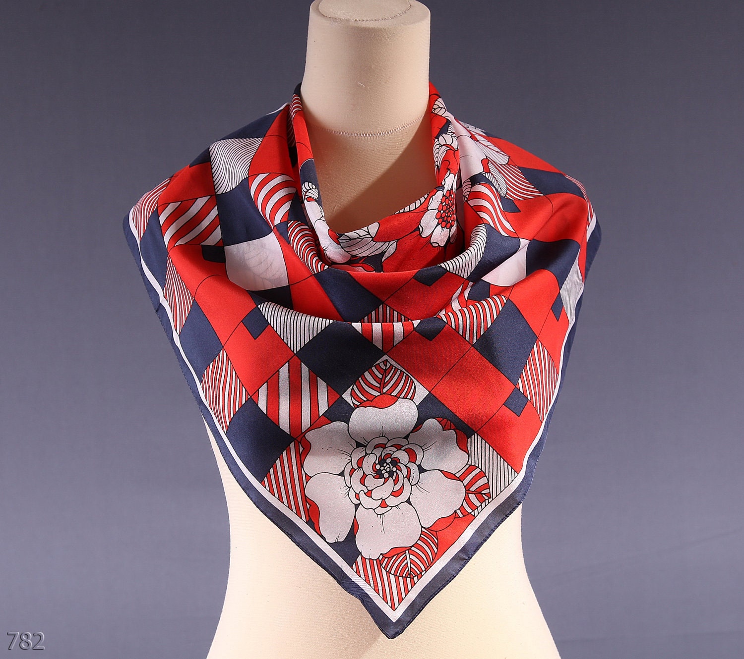 70s Floral Scarf / Patriotic Colors Scarf / Apple Blossom Print