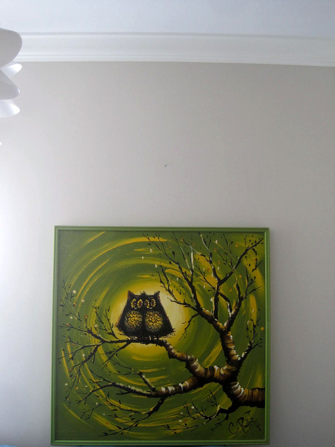 Mid Century Modern Large Owl Painting Signed by Artitst C. Roberts