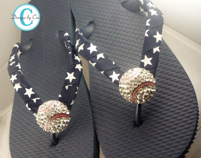 Navy Stars Baseball Flip Flops Bling Rhinestone Buckle Player  Mom Girl Sports Ribbon Softball