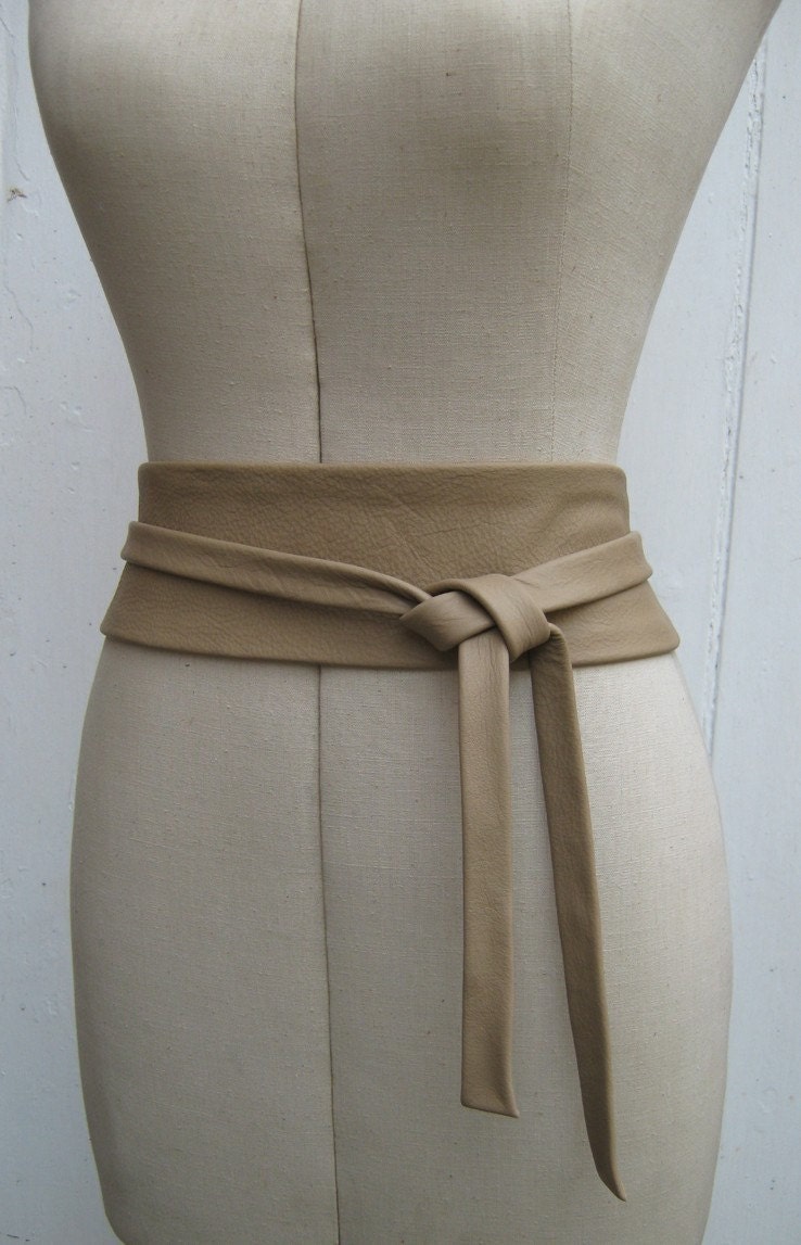 Nude beige leather obi narrow wrap belt