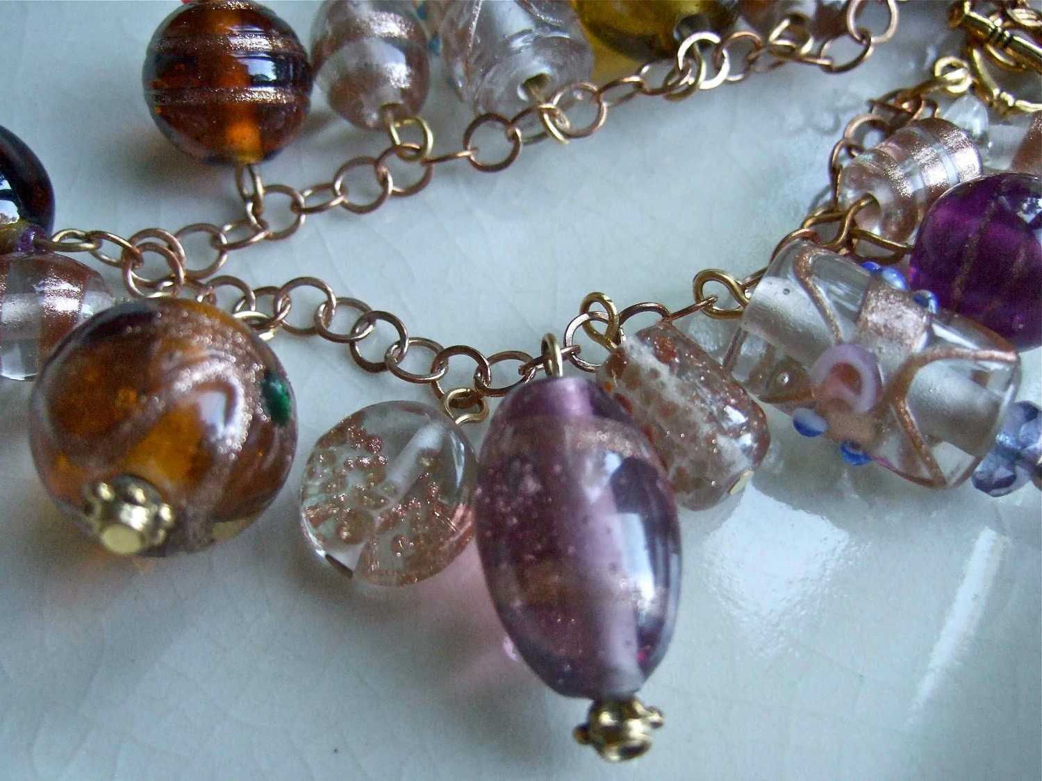 Multi Bead Baubles Bracelet on Goldtone Link Chain