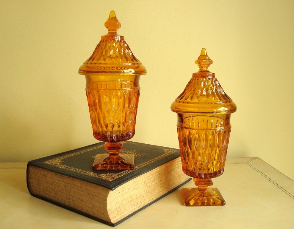 Mt. Vernon tall candy box pair by Indiana Glass, amber apothecary jars