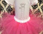 first birthday princess tutu set --- rhinestone onesie or tshirt  plus shocking pink tutu w ribbon wrapped waist