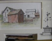Barn art pencil drawing red barn old sheds weathervane rooster farm landscape Mixed Media 3d  Shadow Box m3DrawingsPlus Ohio artist