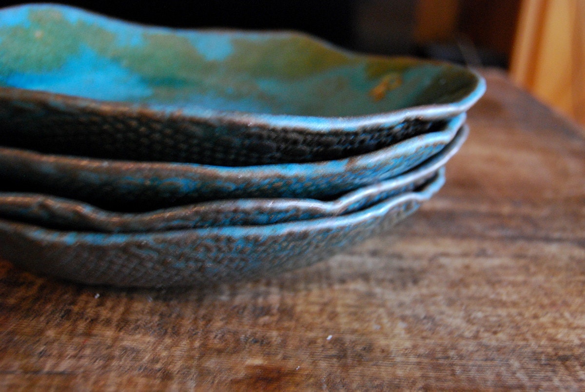 Personalized ceramic  Dinner  plates - Pasta Bowls - stoneware dishes - Set of 4 ceramic tableware Turquoise - wedding gift dinnerware