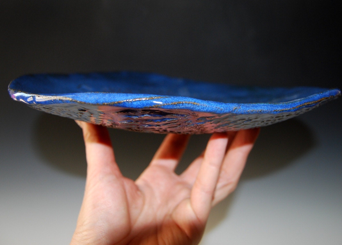 Amazing Blue Ceramic Plate - handmade tableware - wedding gift - housewarming Unique Organic shaped dish