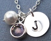 Personalized Handstamped Sterling Silver Disc With Pearl And Birhstone. All Sterling Silver   Bridal Bridesmaids Wedding Party