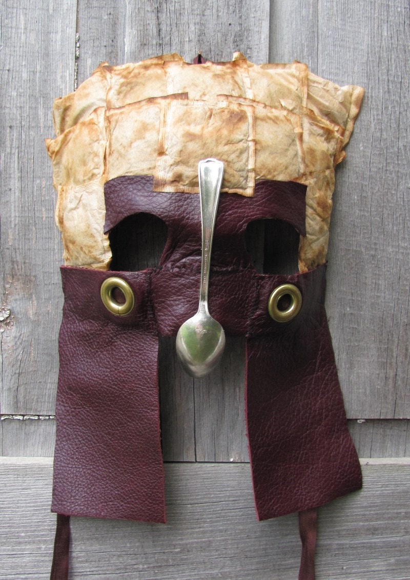 British Helm masquerade mask with brown leather, teabags and vintage spoon for men