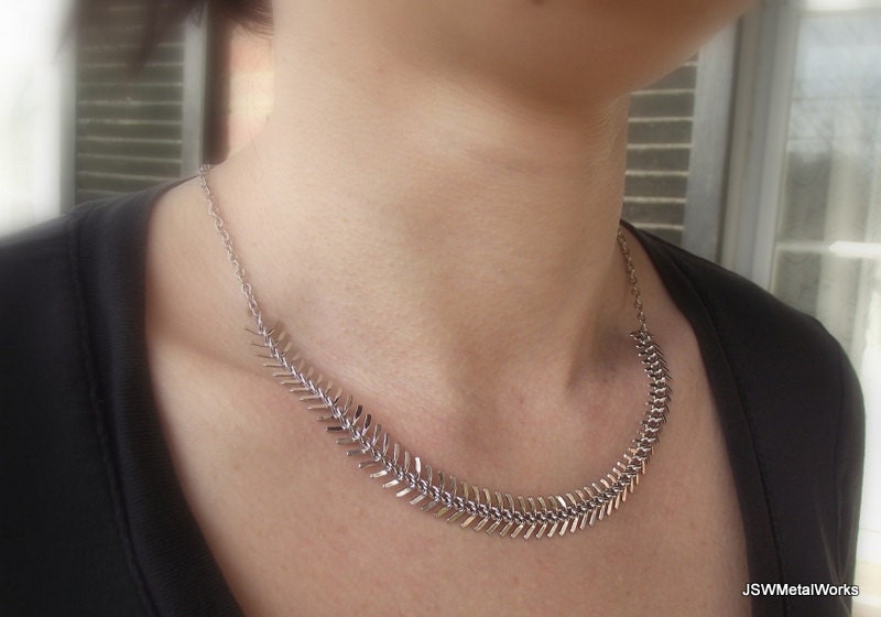 Silver Fishbone Necklace, Silver Necklace, Platinum Necklace