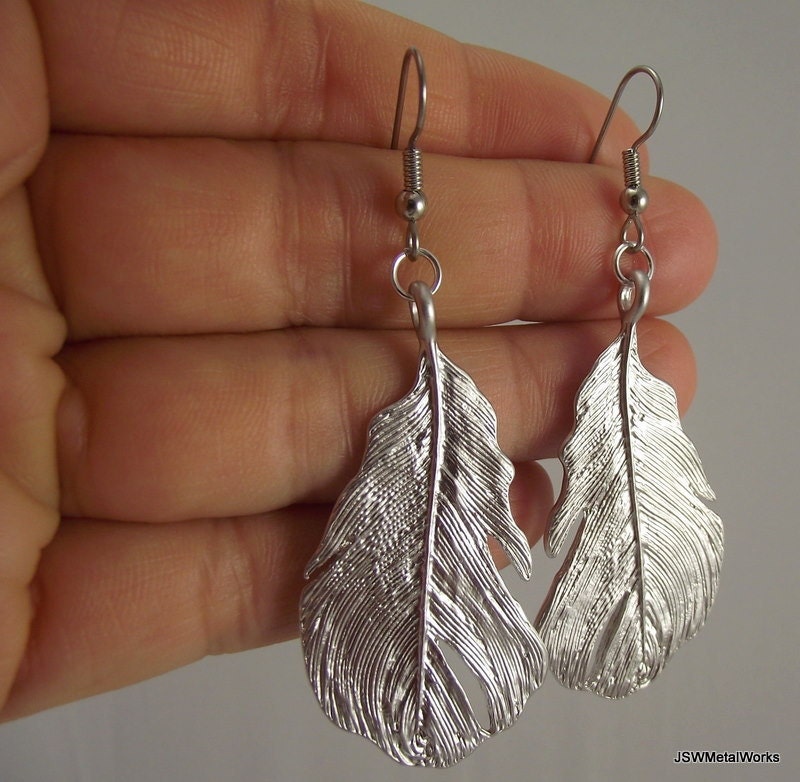 Bold Silver Feather Earrings, Silver Earrings