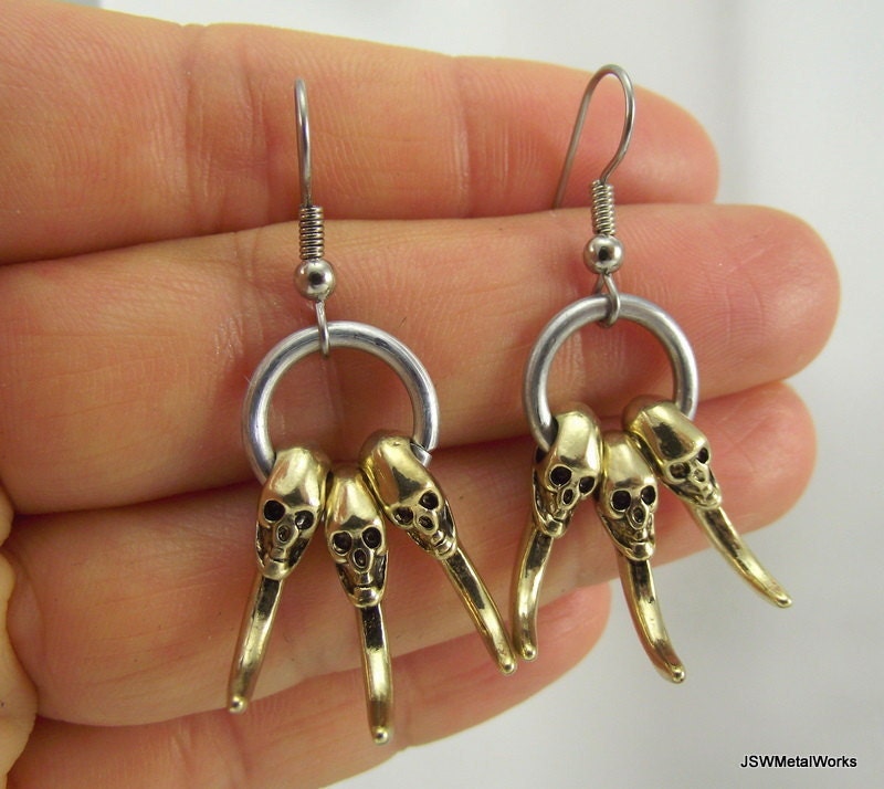 Golden Skull Claw Earrings, Silver Earrings, Skull Earrings