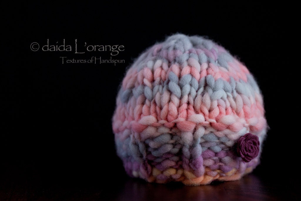 OOAK Newborn Wide Ribbed Edge Reversible Beanie Hat with Removable Felt Flower - Coral Lilac Haze - Spring Collection