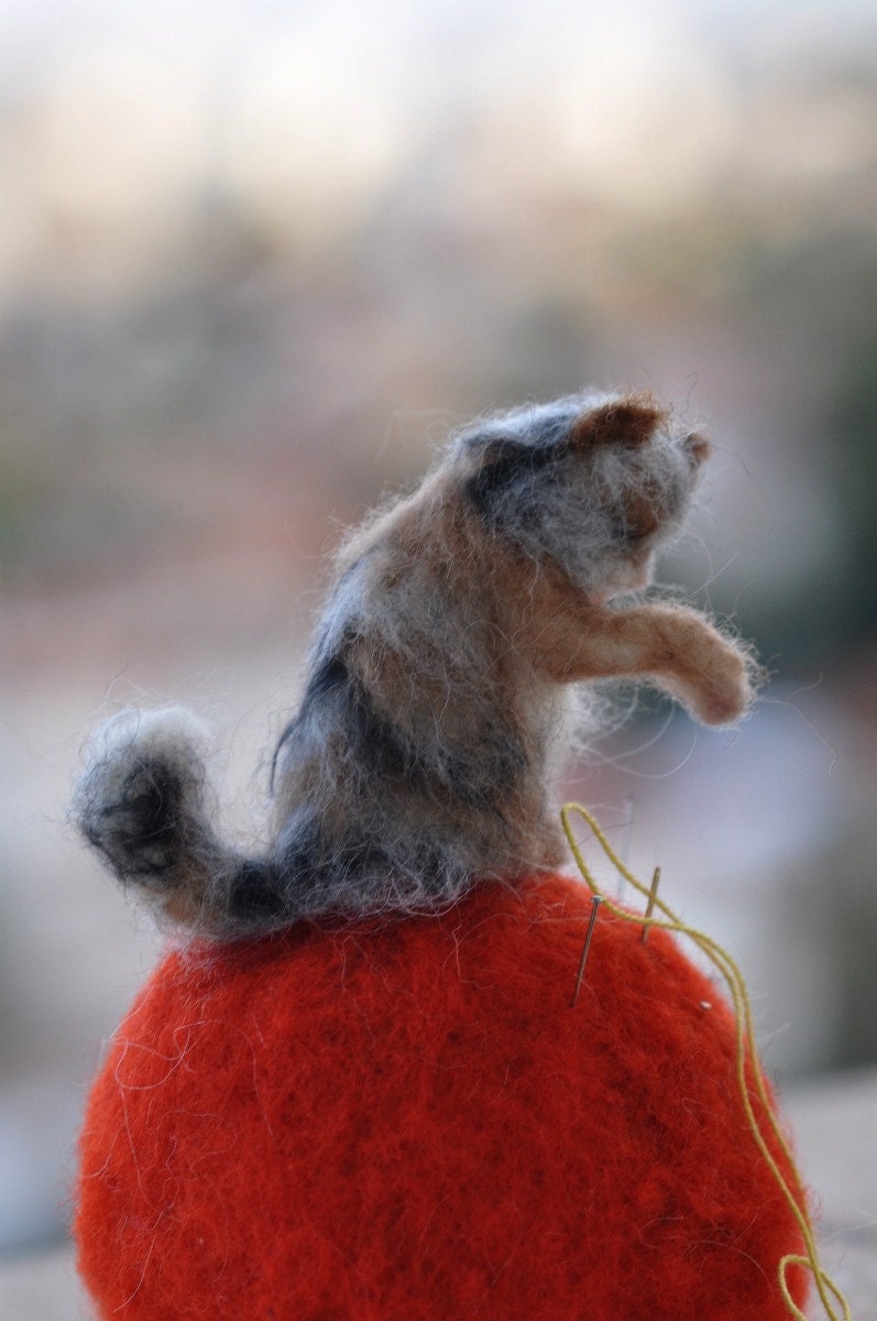 Needle Felted  Wool Animals- Waldorf  OOAK Artist Needle felted Pincushion -Tricolor cat--needle felt by Daria Lvovsky--MAde to custom order