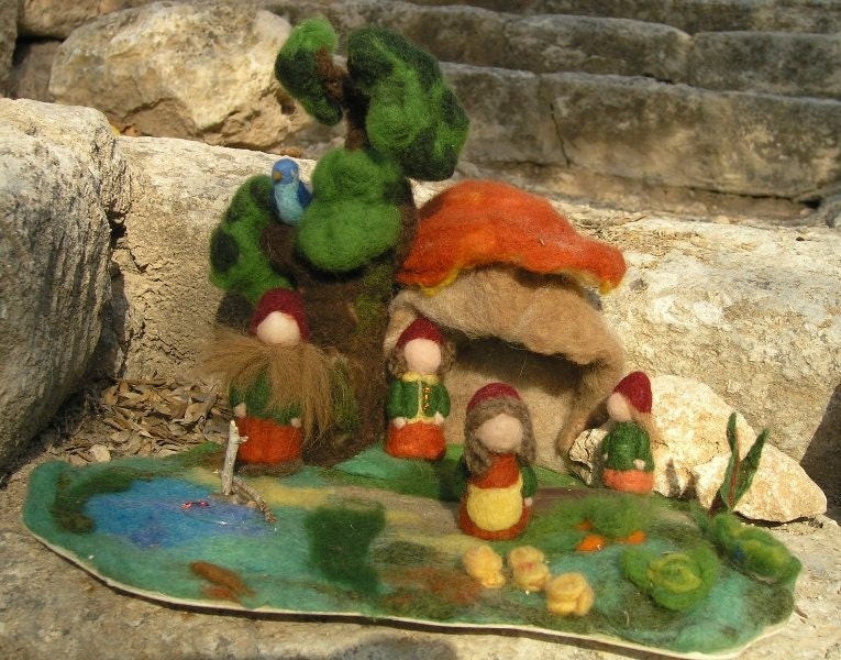 Needle felted Waldorf Forest creature playscape- Gnomes-Blue bird-needle felt by Daria Lvovsky-Made to custom order.