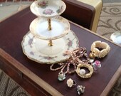 Three-Tier Jewelry/Dessert Tray of Vintage Plates in Pink, Cream and Green with 22-Karat Gold Details and Assembled with Brass Hardware