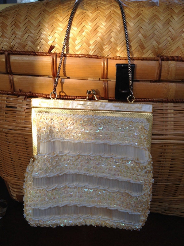 Vintage Bead and Sequin Cocktail Purse, Faux Mother-of-Pearl Detail at Clasp