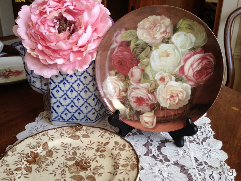 Shabby Chic, Vintage Pink and Cream Cottage Roses on Chocolate Plate, 8.5" dia
