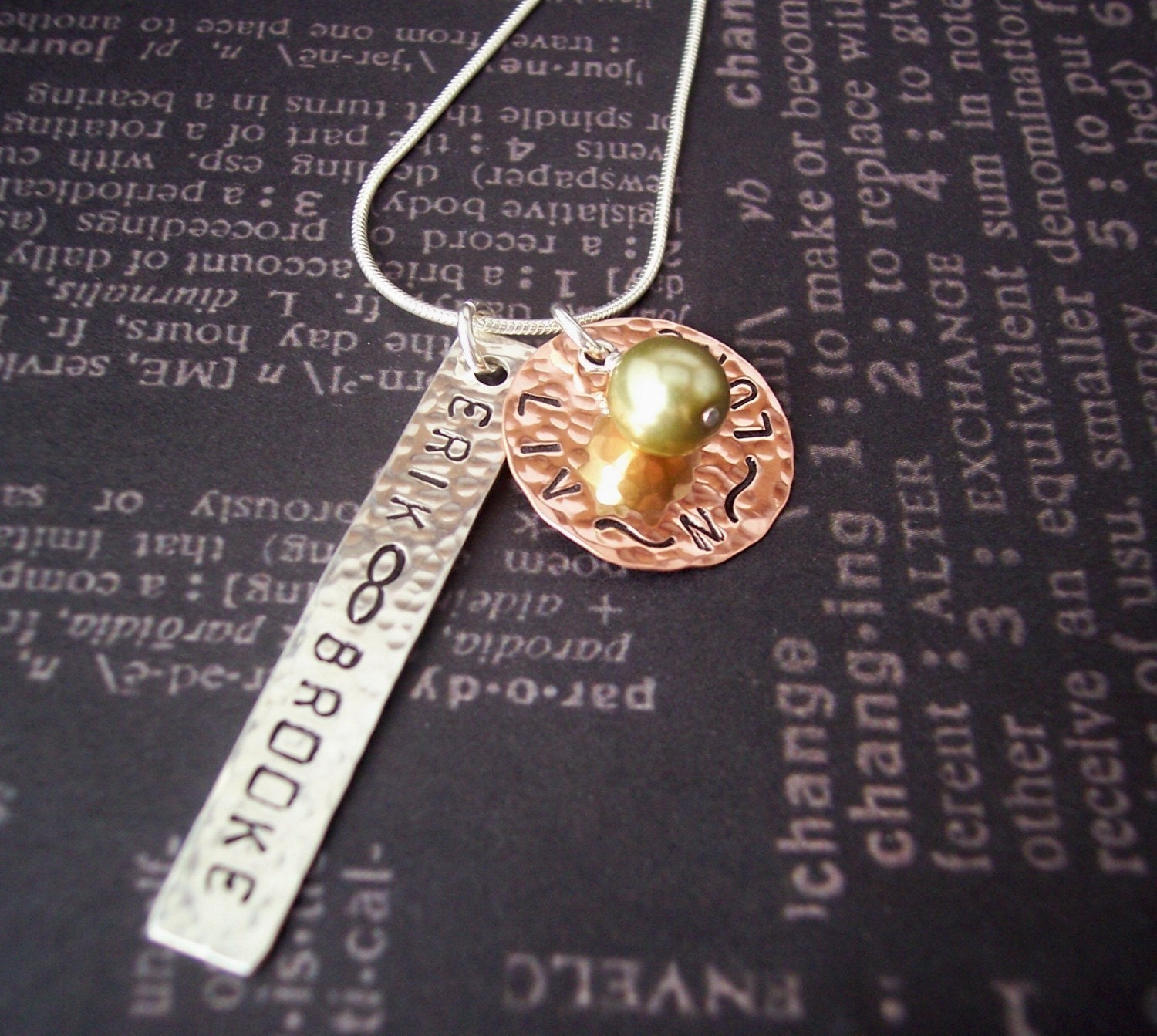 Hand stamped Jewelry BEAUTIFUL FAMILY necklace with Sterling Silver, Copper and Pearl