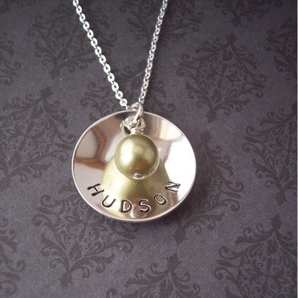 Personalized Hand Stamped Domed Disc necklace with Pearl or Birthstone