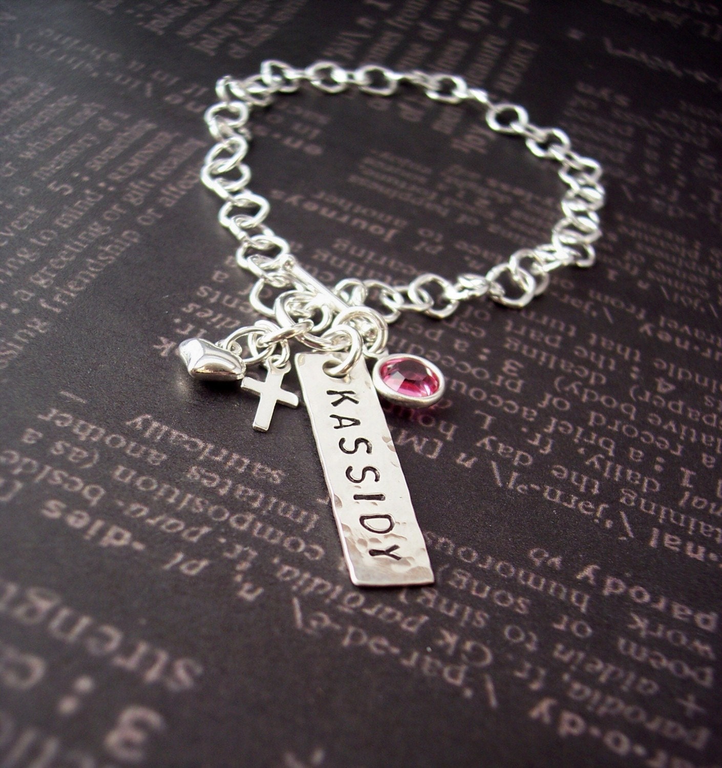 Hand Stamped STERLING CHARM BRACELET with Charms rectangle Tag and Stone