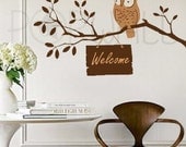 Vinyl Sticker Wall Decal- Owl on Tree Branch Welcome Sign - 092