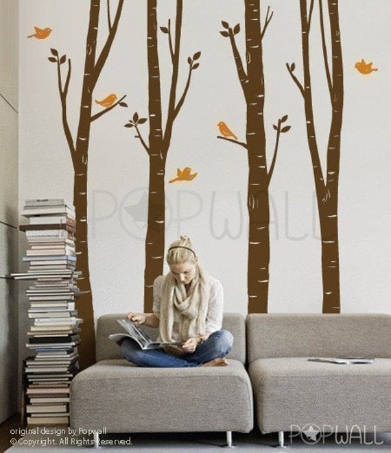 Tree Wall Decal Wall Sticker Art - Birch Tree Decal - EXTRA 10 FREE Flying Birds - 075