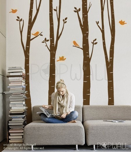 Tree Wall Decal Wall Sticker Art - Birch Tree Decal - EXTRA 10 FREE Flying Birds - 075