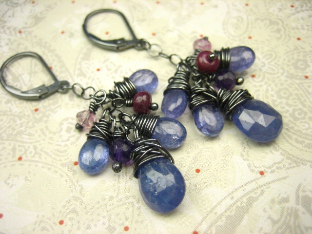 Winter SALE-Periwinkle Blue Tanzanite Gemstone Sterling Silver Earrings Wire Wrapped Ruby Amethyst