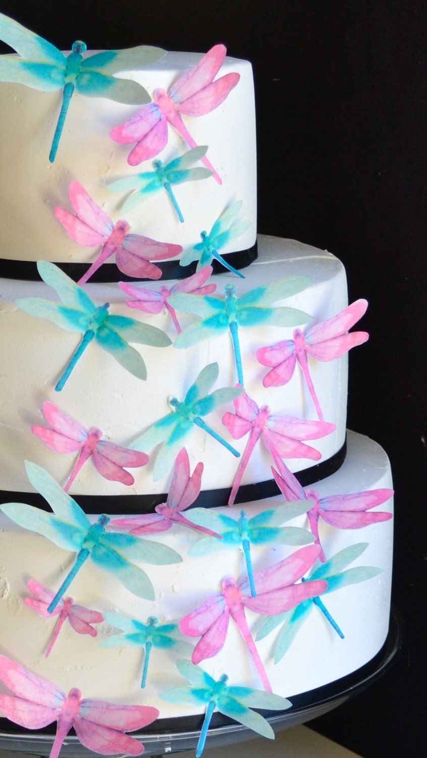Edible Dragonflies - Assorted Pink and Turquoise - Cake and Cupcake toppers - set of 30 precut