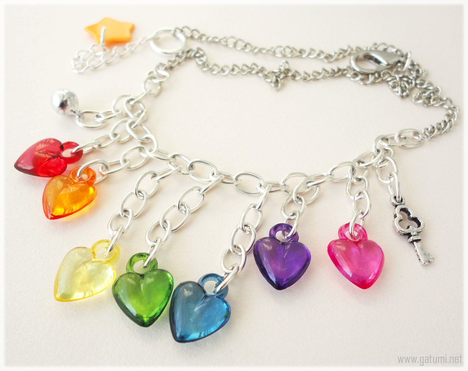 Rainbow Hearts Fringe Necklace, Silver Chain with Key Charm and Bell
