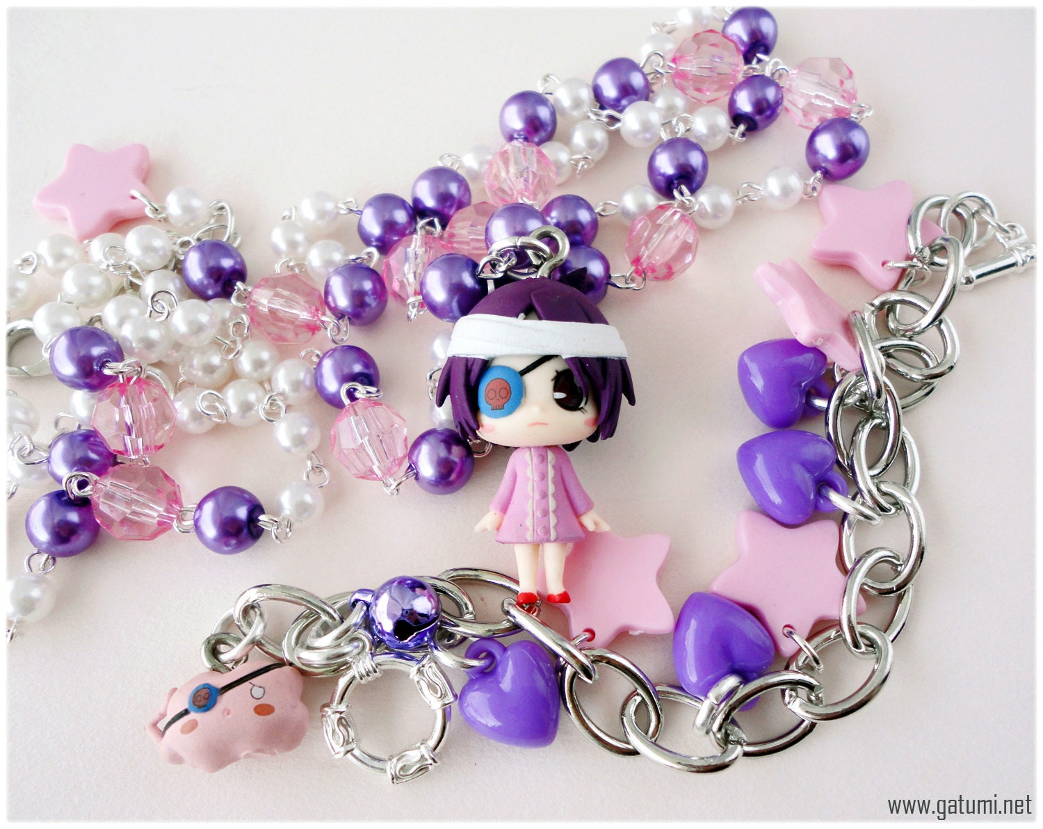 Chrome Dokuro Beaded Purple and Pink Anime Necklace and Charm Bracelet in Silver - KHR
