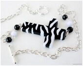 Sideways Cross Necklace, Black and White, Animal Print, Silver Plated - Goth