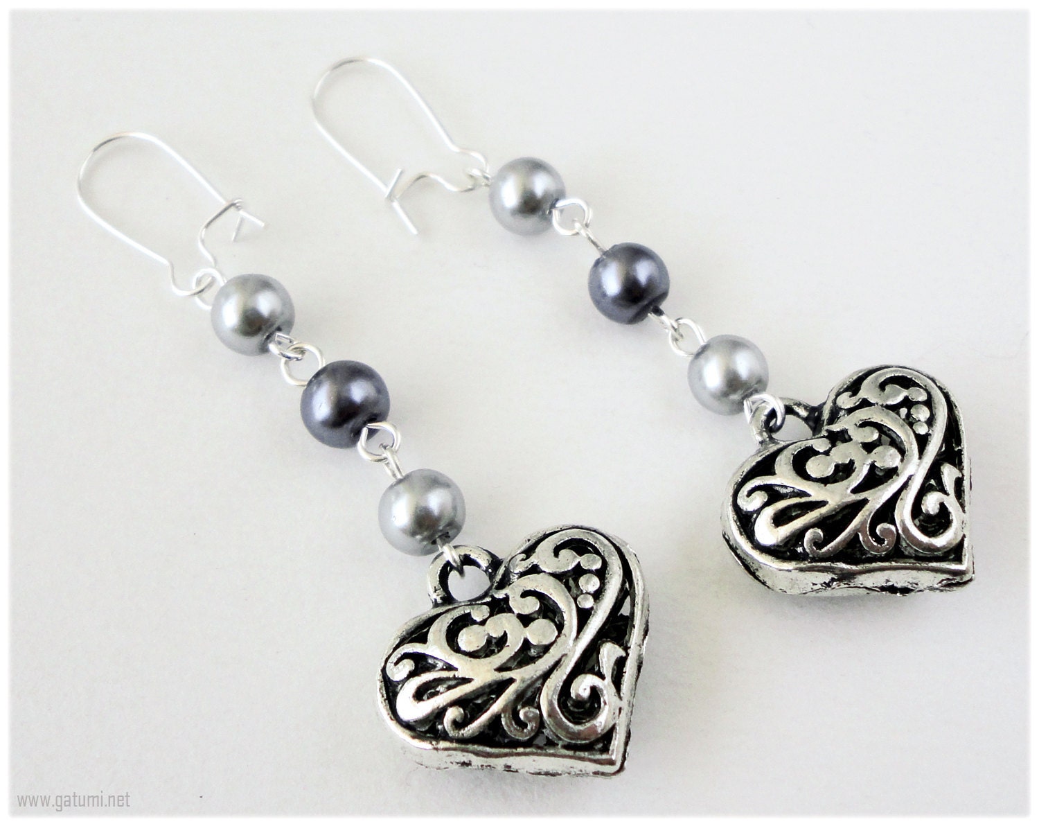 Long Silver Heart Earrings, Beaded Glass Pearl Chains with Ornate Vintage Style Charms - Gothic Lolita