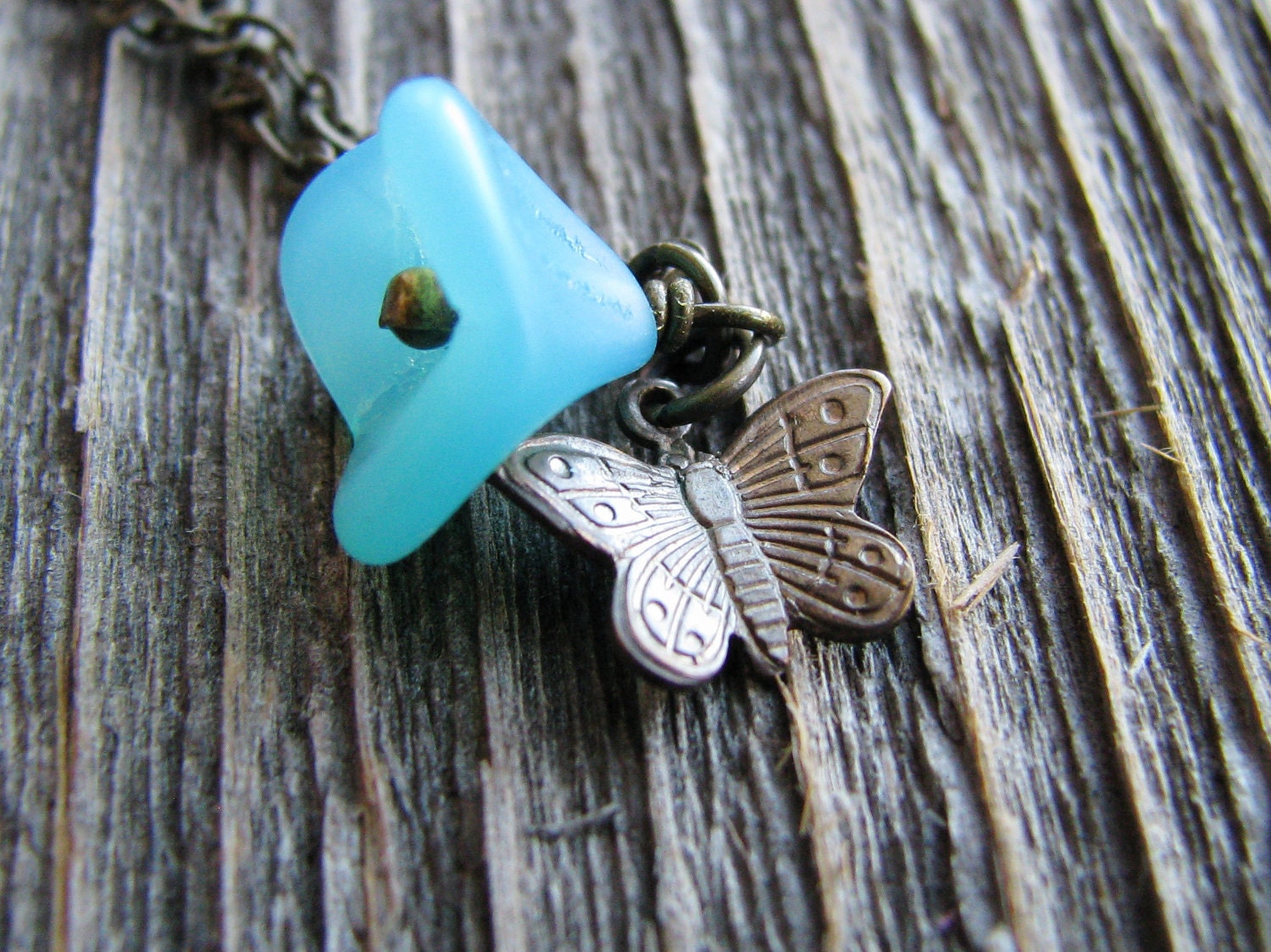 Butterfly Charm Necklace Flower Czech Glass Bead Botanical Jewelry Flower Necklace Garden Lover Gift Nature