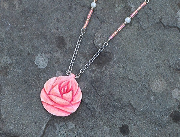 Pink Lotus Flower Bone Pendant