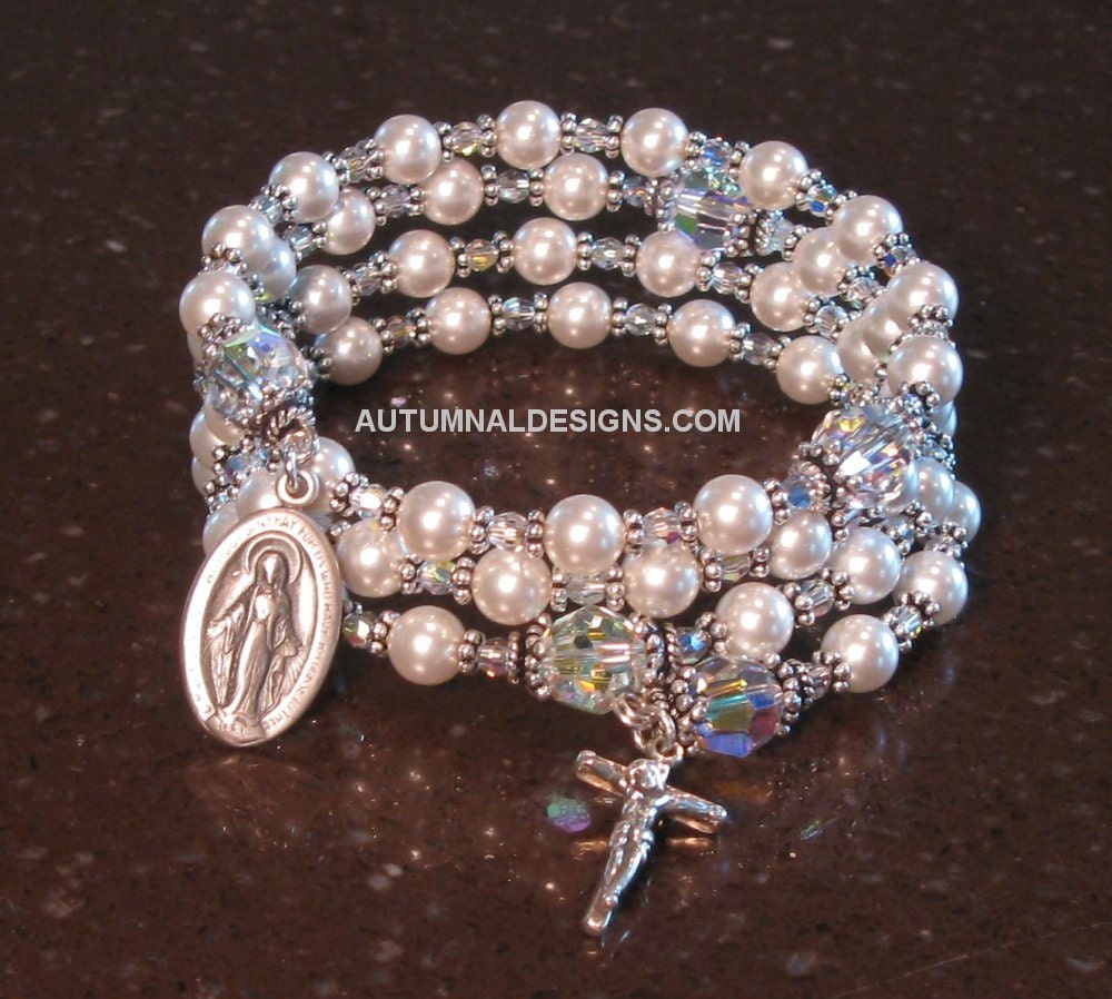 5 Decade Rosary Wrap Bracelet with Swarovski Pearl, Sterling Silver BEST SELLER