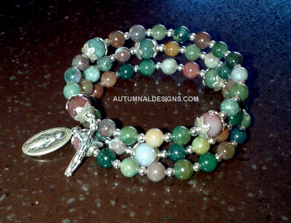 5-Decade Wrap Bracelet Rosary of Fancy Jasper and Sterling Silver