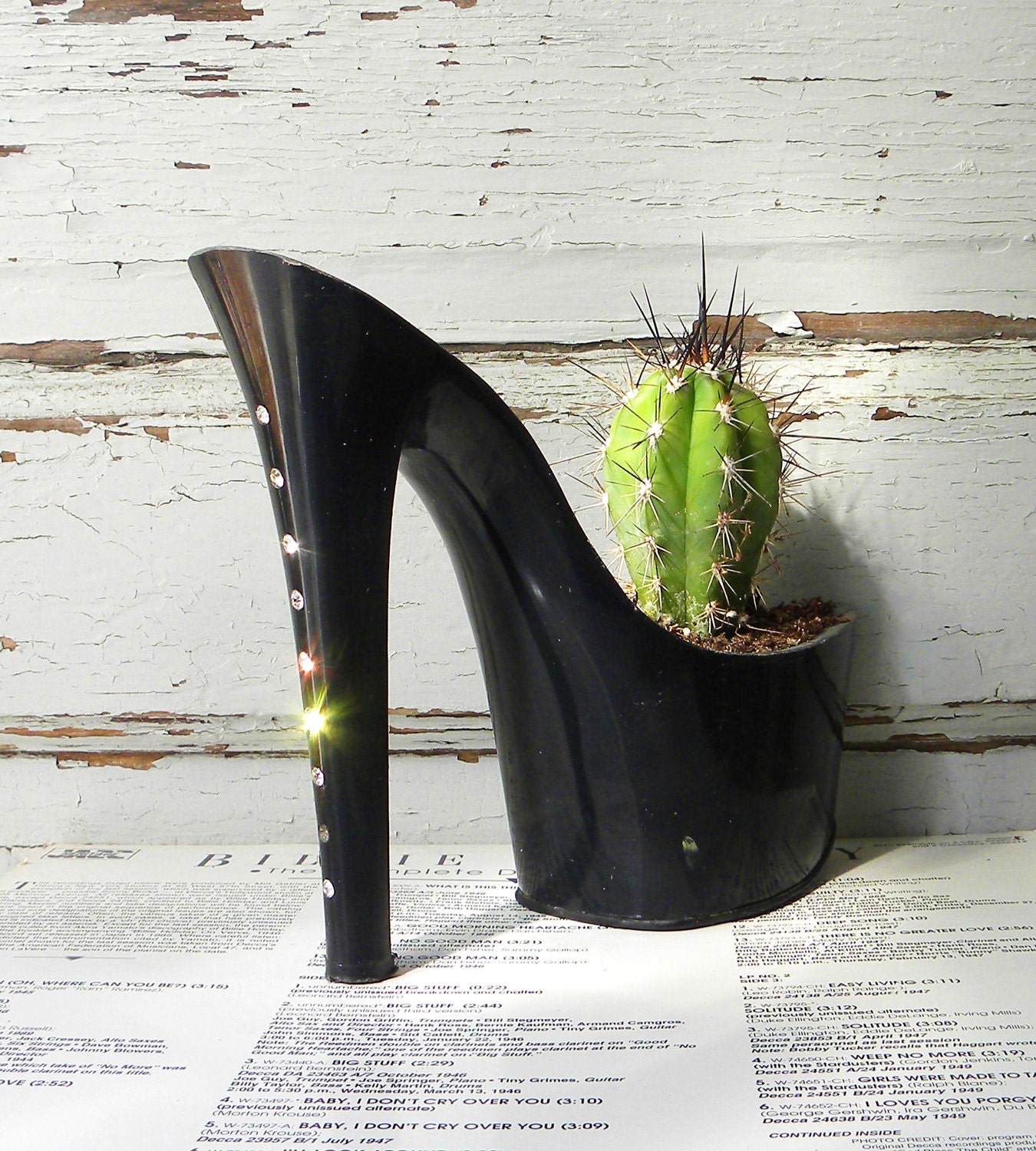 SALE Drunk Girl. stiletto cactus planter. feminist art. reclaimed rhinestone high heel.